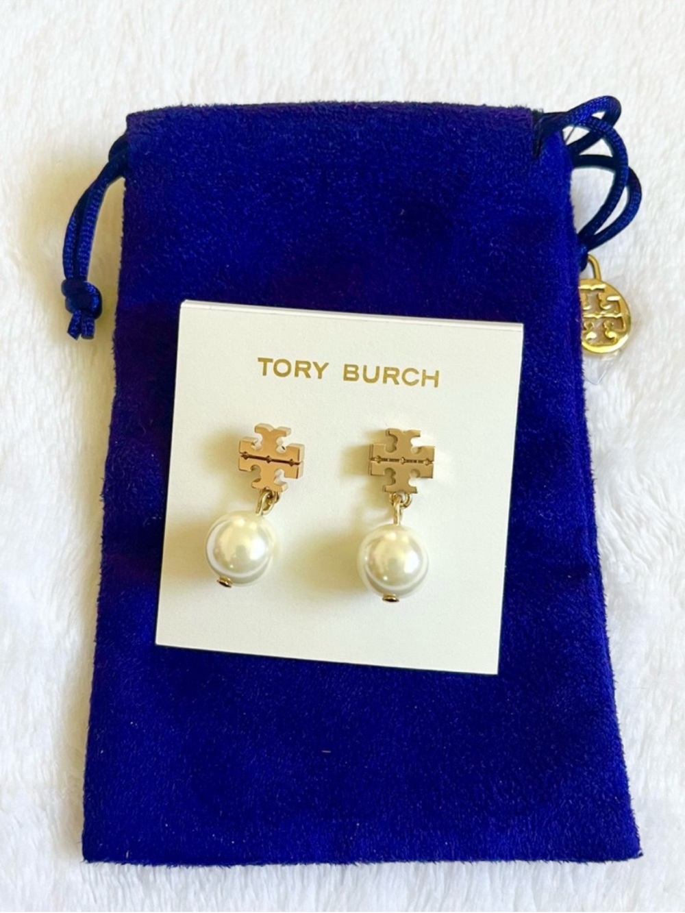 Tory Burch Gold-Tone Logo Drop Earrings with Cream Pearls